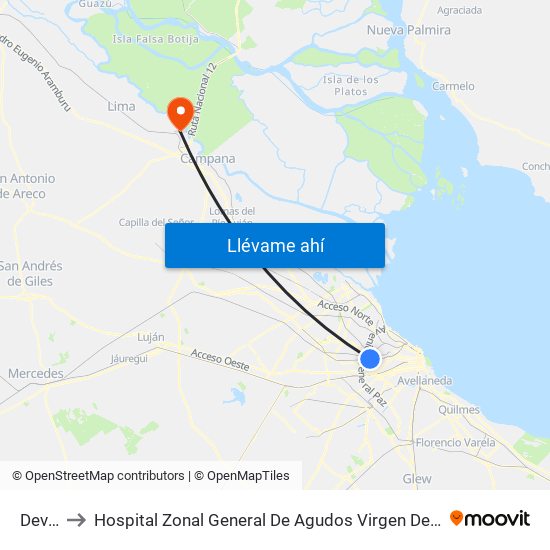 Devoto to Hospital Zonal General De Agudos Virgen Del Carmen De Zarate map