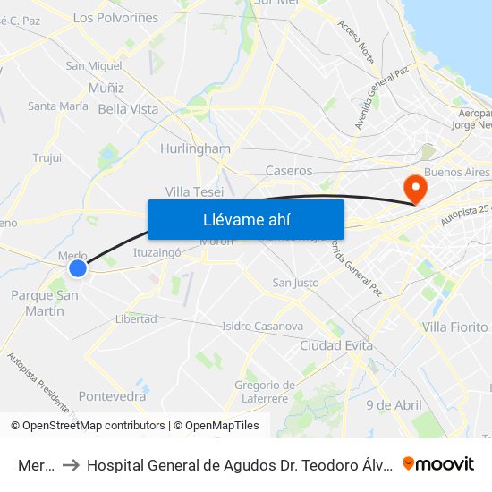 Merlo to Hospital General de Agudos  Dr. Teodoro Álvarez map