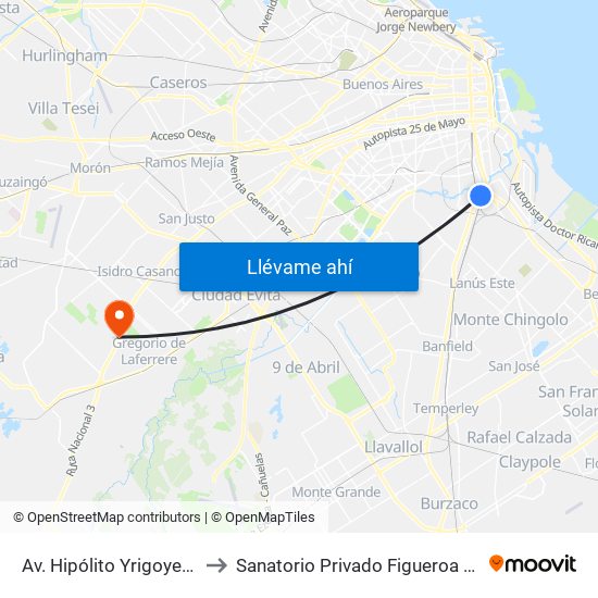 Av. Hipólito Yrigoyen Y Obreros De La Negra to Sanatorio Privado Figueroa Paredes Laferrere De Sicomed Sa map