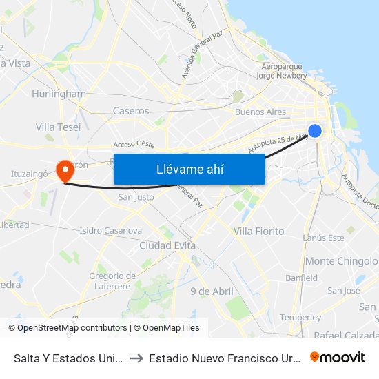 Salta Y Estados Unidos to Estadio Nuevo Francisco Urbano map