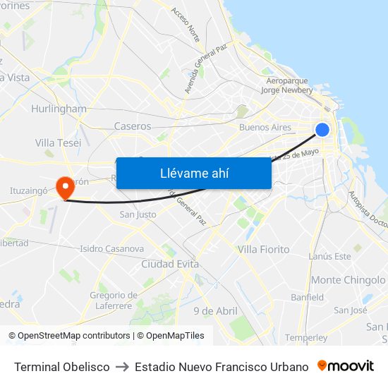Terminal Obelisco to Estadio Nuevo Francisco Urbano map