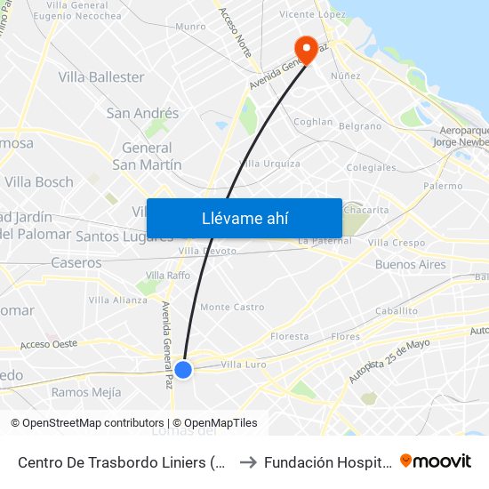 Centro De Trasbordo Liniers (80 - 117) to Fundación Hospitalaria map