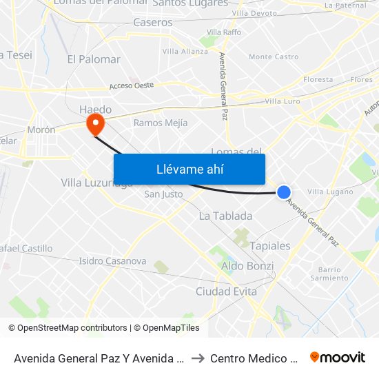 Avenida General Paz Y Avenida Eva Perón to Centro Medico Alcorta map