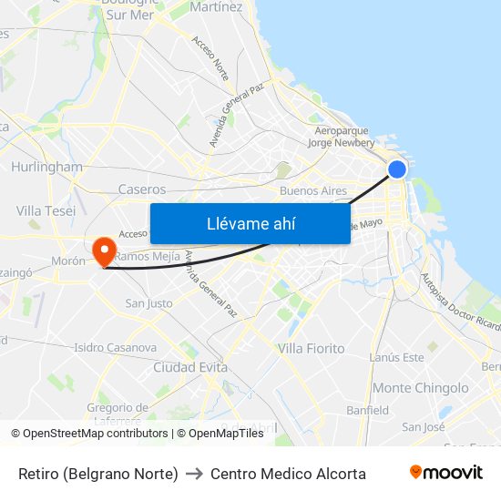 Retiro (Belgrano Norte) to Centro Medico Alcorta map