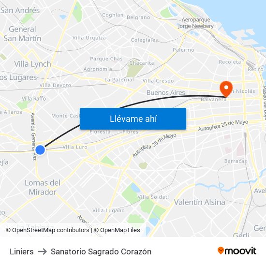 Liniers to Sanatorio Sagrado Corazón map