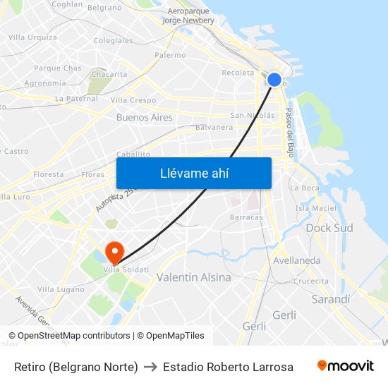 Retiro (Belgrano Norte) to Estadio Roberto Larrosa map