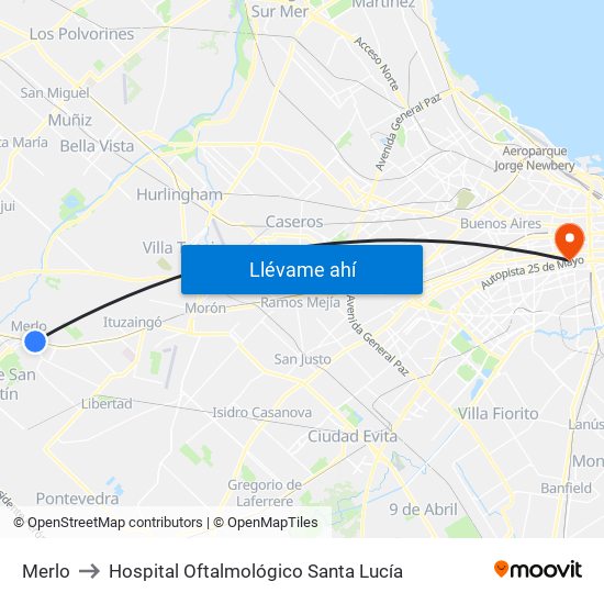 Merlo to Hospital Oftalmológico Santa Lucía map
