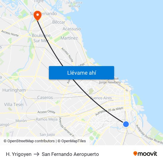 H. Yrigoyen to San Fernando Aeropuerto map