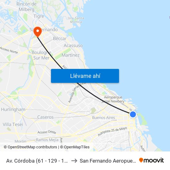 Av. Córdoba (61 - 129 - 152) to San Fernando Aeropuerto map