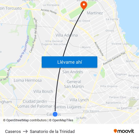 Caseros to Sanatorio de la Trinidad map