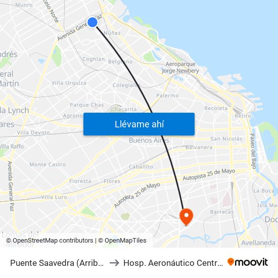 Puente Saavedra (Arriba) to Hosp. Aeronáutico Central map