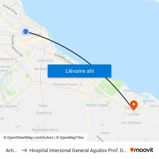 Artigas to Hospital Interzonal General Agudos Prof. Dr. R. Rossi map