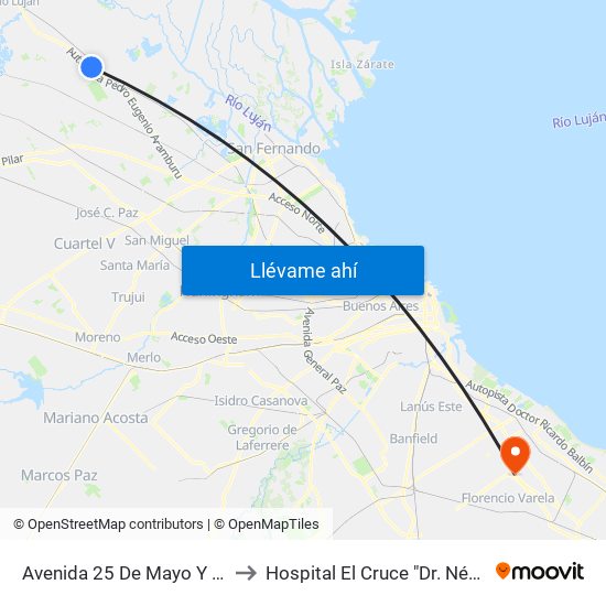 Avenida 25 De Mayo Y Colectora Este to Hospital El Cruce "Dr. Néstor C. Kirchner" map