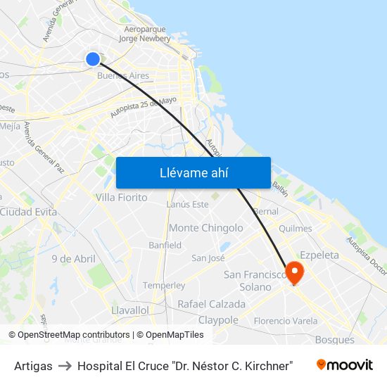 Artigas to Hospital El Cruce "Dr. Néstor C. Kirchner" map