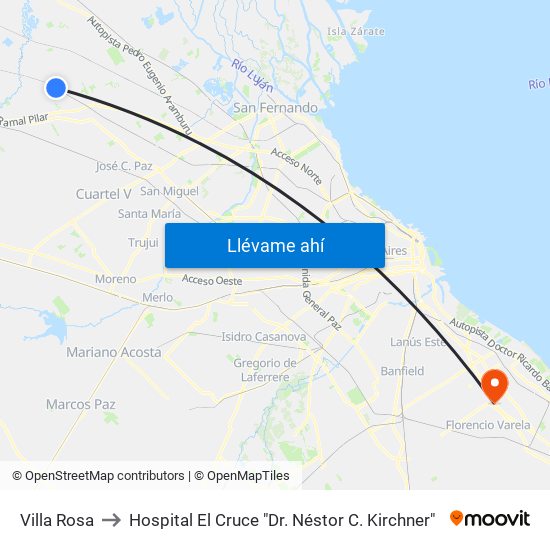 Villa Rosa to Hospital El Cruce "Dr. Néstor C. Kirchner" map