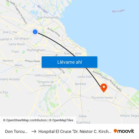 Don Torcuato to Hospital El Cruce "Dr. Néstor C. Kirchner" map