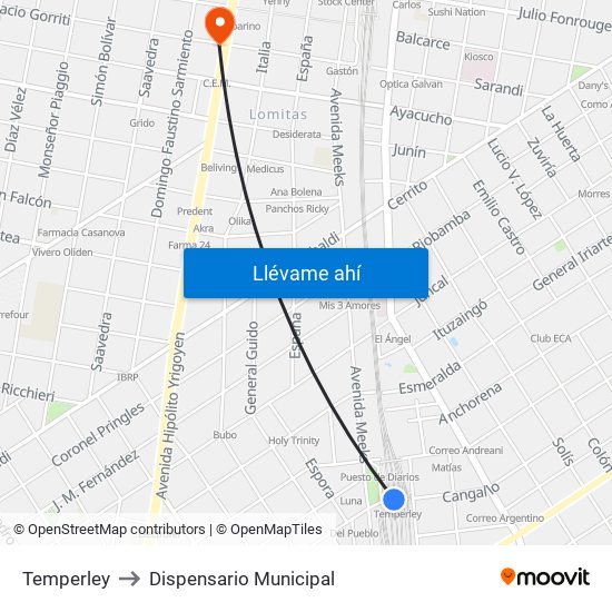 Temperley to Dispensario Municipal map