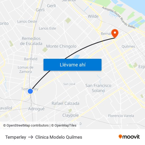 Temperley to Clinica Modelo Quilmes map