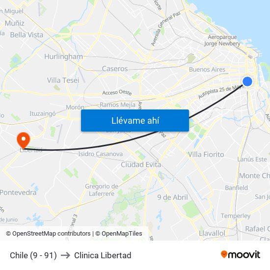 Chile (9 - 91) to Clinica Libertad map