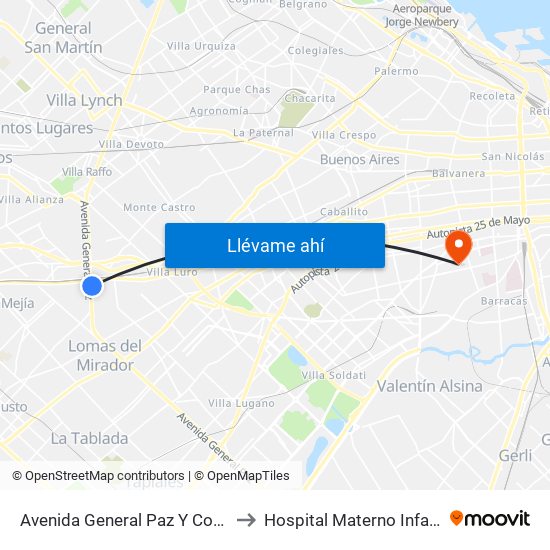 Avenida General Paz Y Coronel Falcón (21 - 28) to Hospital Materno Infantil "Ramón Sardá" map