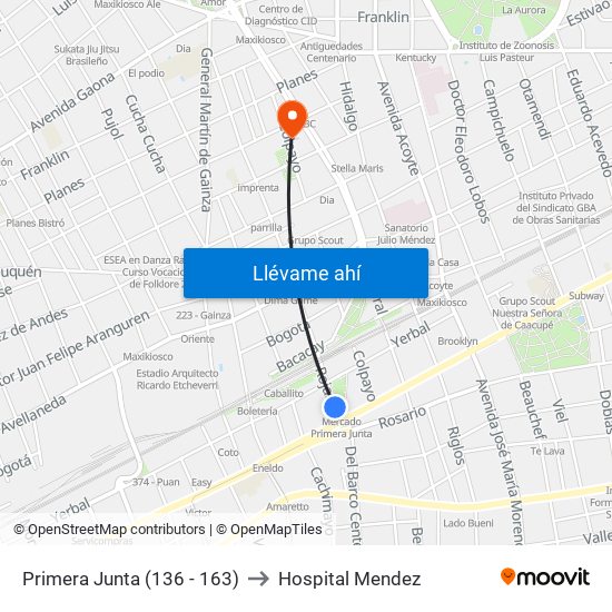 Primera Junta (136 - 163) to Hospital Mendez map