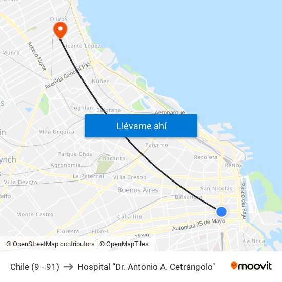 Chile (9 - 91) to Hospital “Dr. Antonio A. Cetrángolo" map