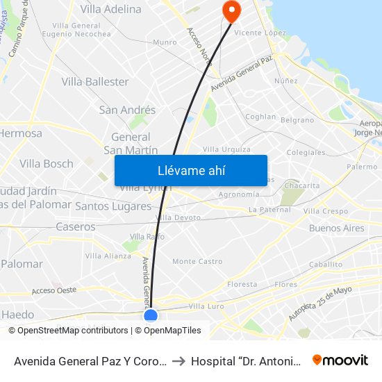 Avenida General Paz Y Coronel Falcón (21 - 28) to Hospital “Dr. Antonio A. Cetrángolo" map