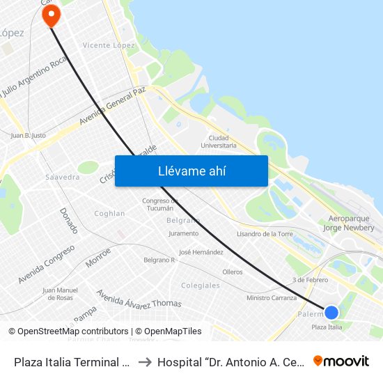 Plaza Italia Terminal L.57-60 to Hospital “Dr. Antonio A. Cetrángolo" map