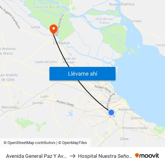 Avenida General Paz Y Avenida Eva Perón to Hospital Nuestra Señora Del Carmen map