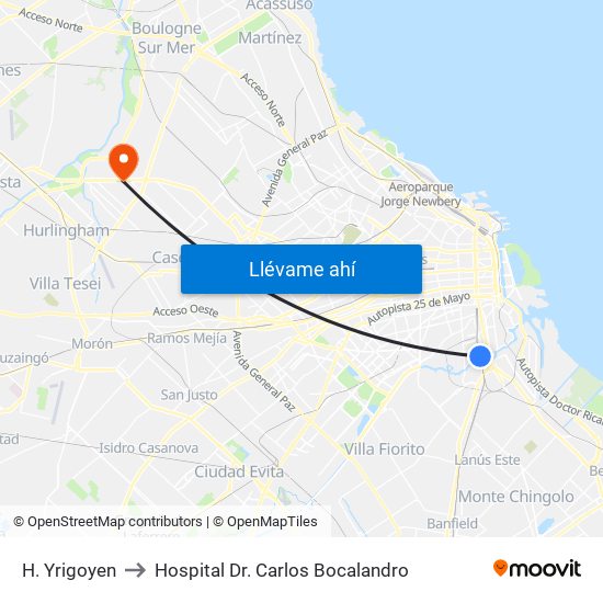 H. Yrigoyen to Hospital Dr. Carlos Bocalandro map