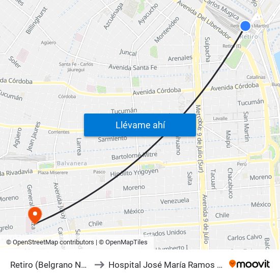 Retiro (Belgrano Norte) to Hospital José María Ramos Mejía map