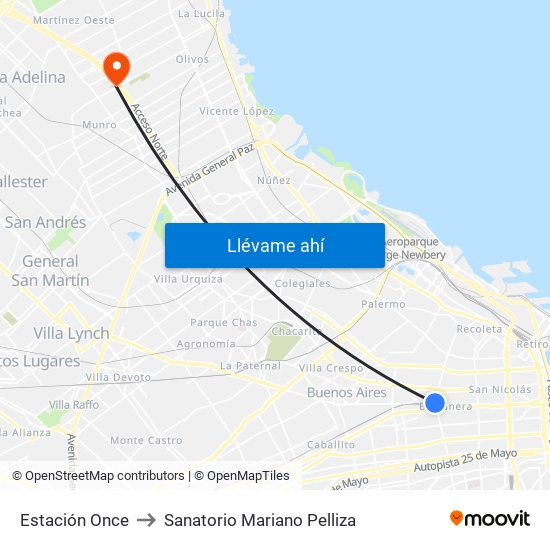 Estación Once to Sanatorio Mariano Pelliza map