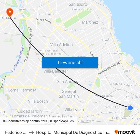 Federico Lacroze to Hospital Municipal De Diagnostico Inmediato Don Torcuato map