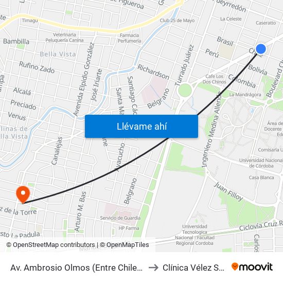 Av. Ambrosio Olmos (Entre Chile E Ituzaingó) to Clínica Vélez Sarsfield map