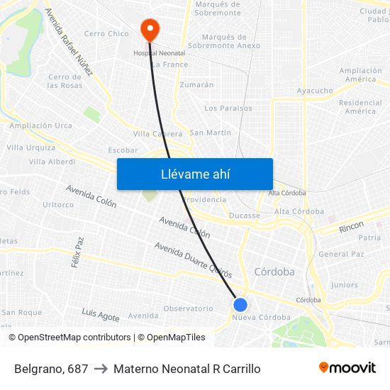 Belgrano, 687 to Materno Neonatal R Carrillo map