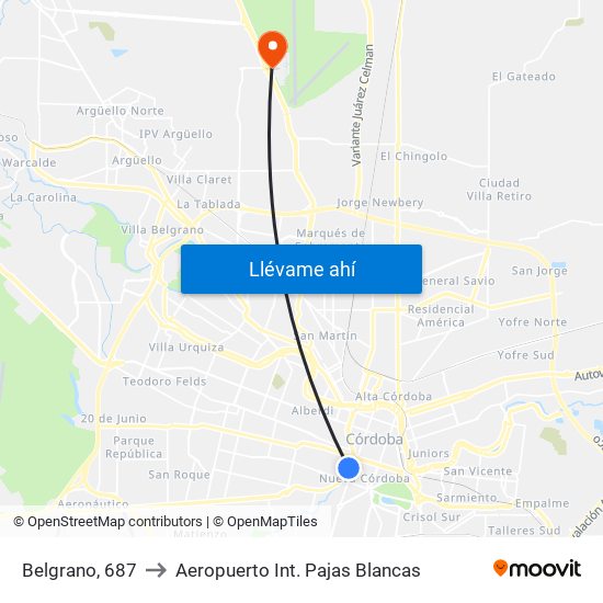 Belgrano, 687 to Aeropuerto Int. Pajas Blancas map