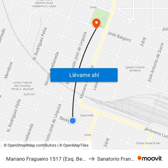 Mariano Fragueiro 1517 (Esq. Bedoya) to Sanatorio Francés map