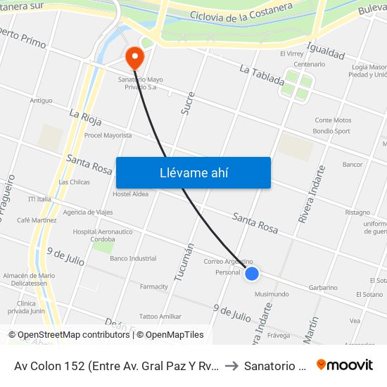 Av Colon 152  (Entre Av. Gral Paz Y  Rvera Indarte) to Sanatorio Mayo map