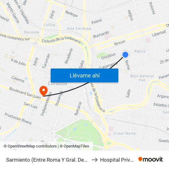 Sarmiento (Entre Roma Y Gral. Deheza) to Hospital Privado map