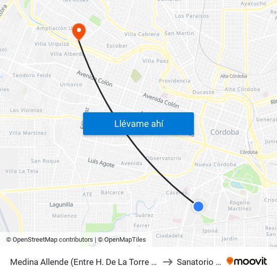 Medina Allende (Entre H. De La Torre Y Rtda. J. Filloy) to Sanatorio Morra map