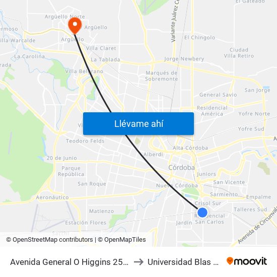 Avenida General O Higgins 2599-2650 to Universidad Blas Pascal map