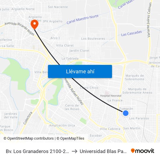 Bv. Los Granaderos 2100-2149 to Universidad Blas Pascal map