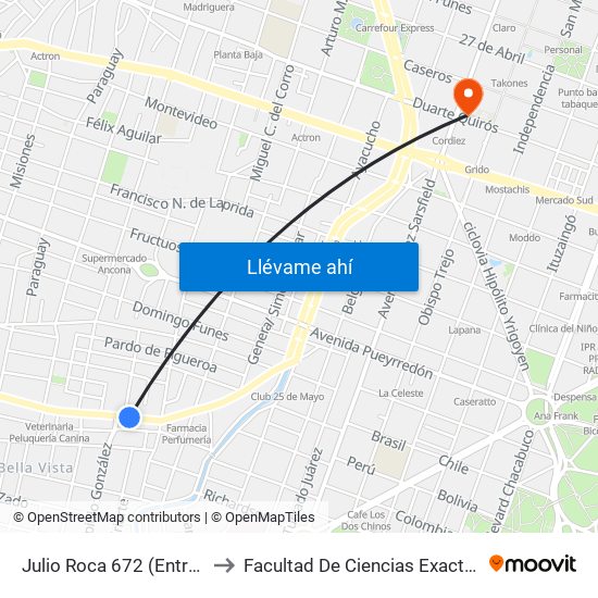 Julio Roca 672 (Entre Corro Y Artigas) to Facultad De Ciencias Exactas, Fisicas Y Naturales map