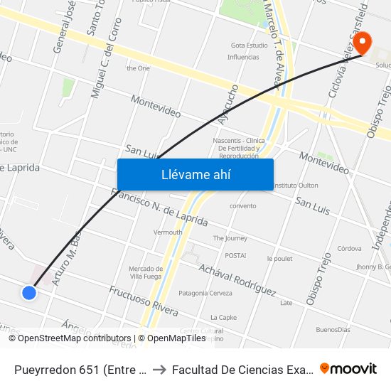 Pueyrredon 651 (Entre Corro Y Arturo M. Bas) to Facultad De Ciencias Exactas, Fisicas Y Naturales map