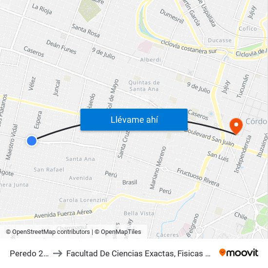 Peredo 2850 to Facultad De Ciencias Exactas, Fisicas Y Naturales map