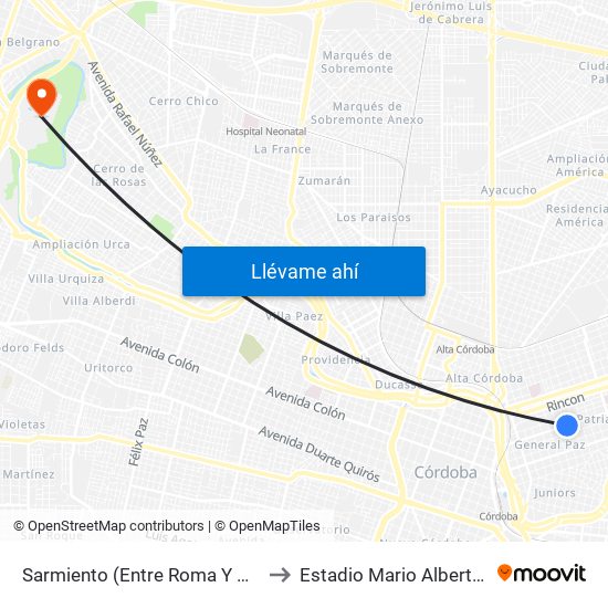 Sarmiento (Entre Roma Y Gral. Deheza) to Estadio Mario Alberto Kempes map