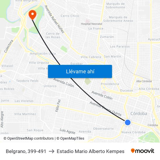 Belgrano, 399-491 to Estadio Mario Alberto Kempes map