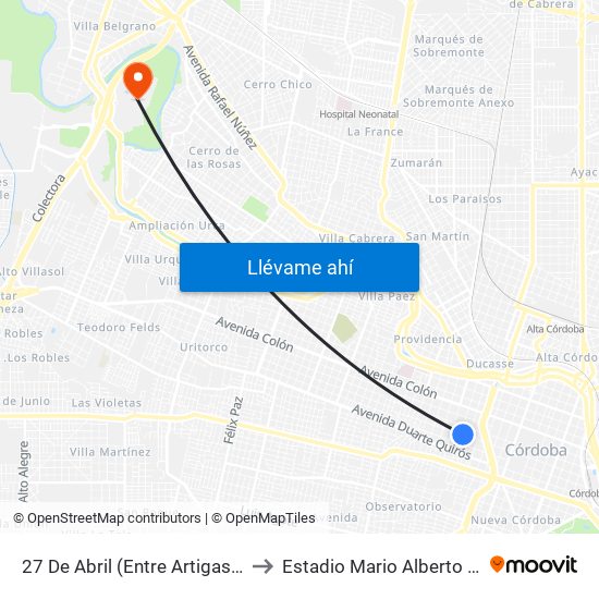 27 De Abril (Entre Artigas Y Corro) to Estadio Mario Alberto Kempes map