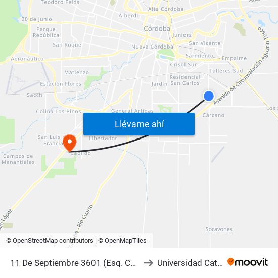 11 De Septiembre 3601  (Esq. Calle Publica (Motel Sobremonte)) to Universidad Católica De Córdoba map