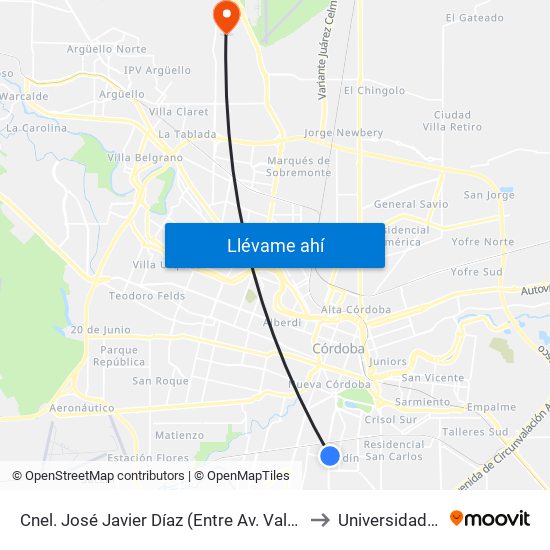 Cnel. José Javier Díaz (Entre Av. Valparaíso Y Villanueva) to Universidad Siglo 21 map